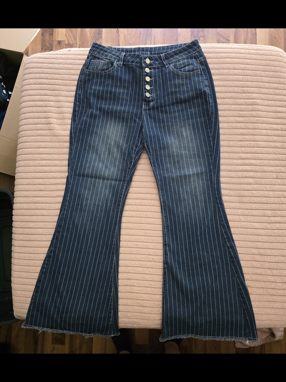High-Rise Pinstripe Flared Jeans - Blue Super Stretchy